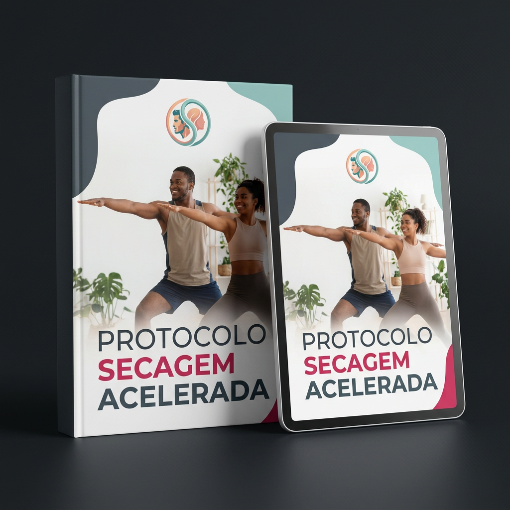 Mockup do Protocolo Secagem Acelerada em livro digital e tablet, com homem e mulher fazendo alongamento
